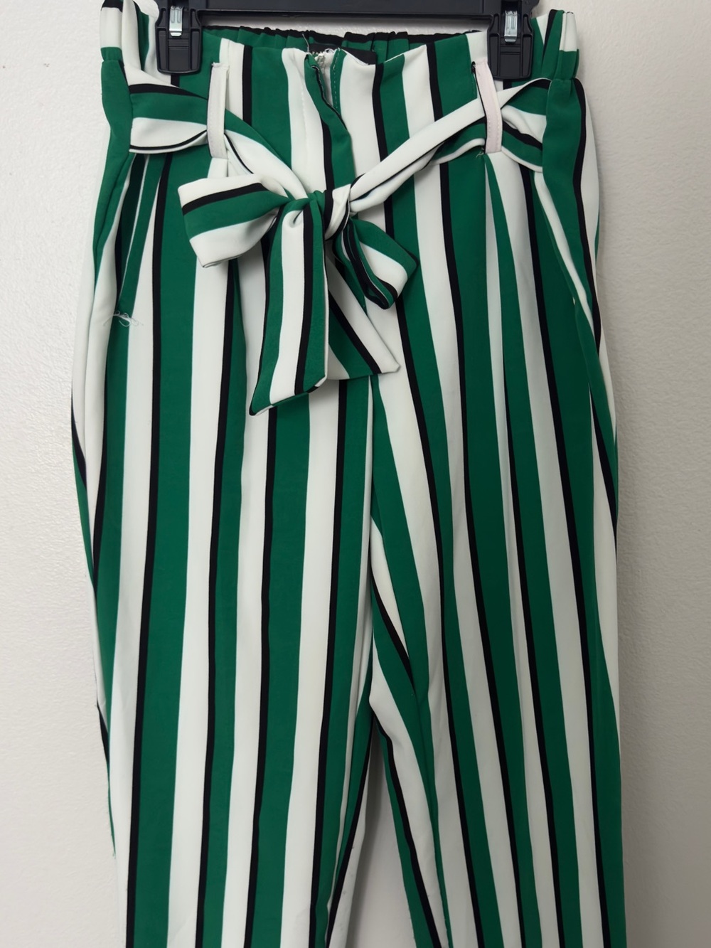 like an angel Green, White & Black Vertical Stripe Tie-Waist Wide Leg Pants